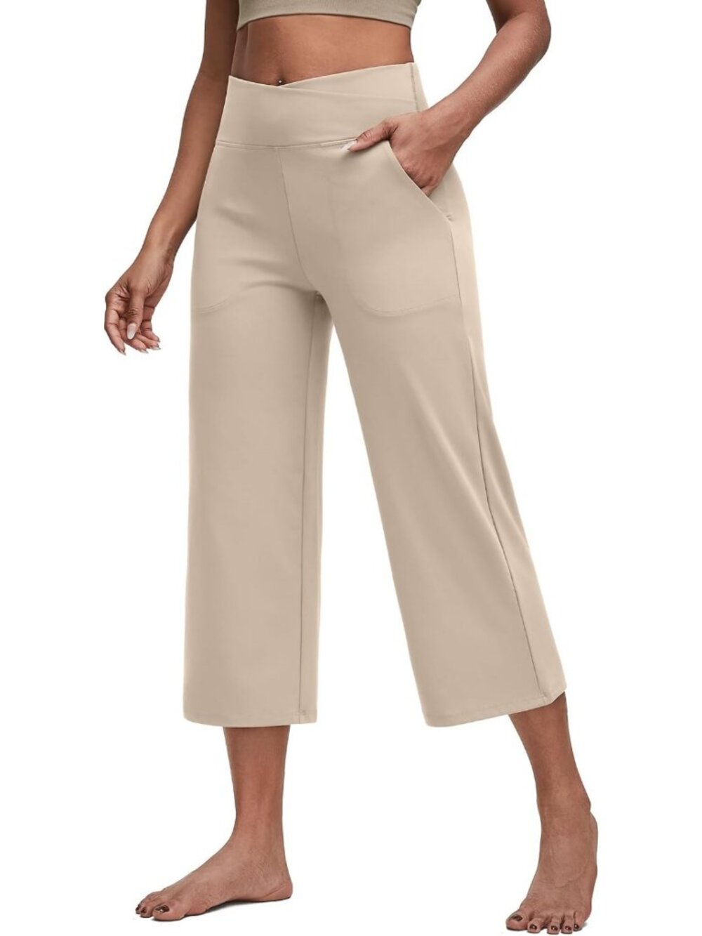 Wide Leg Yoga Capri Pants for Women with Pockets - Comfortable Cross Waist Style